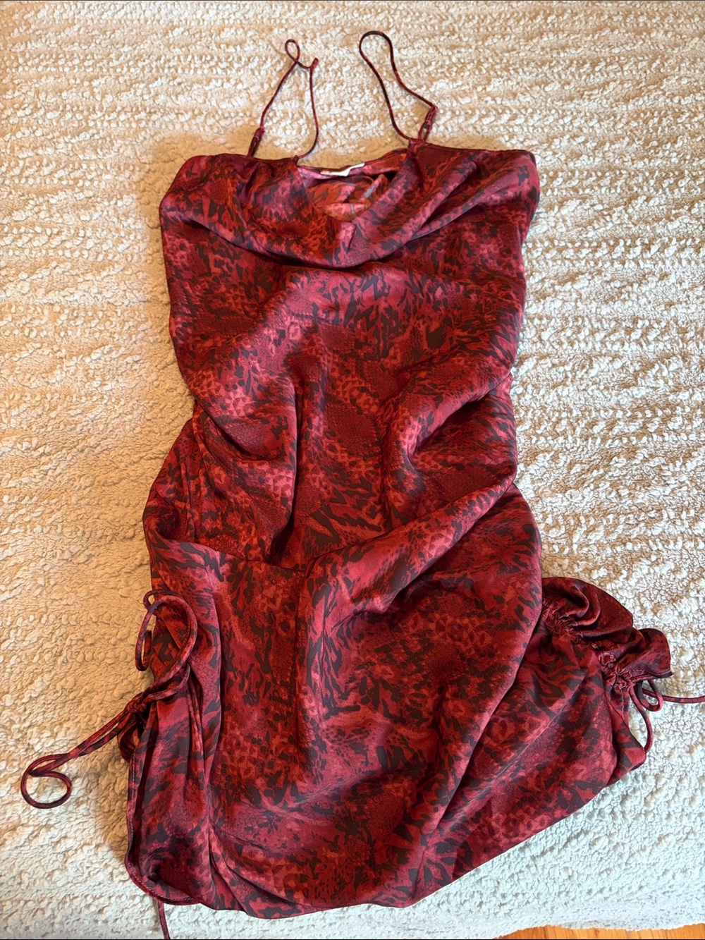 Women's Red Printed Strapless Cowl Slip Dress